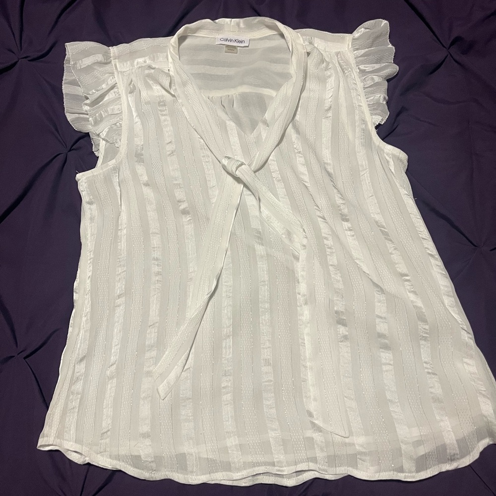 Calvin Klein Sheer White Tie-Front Blouse